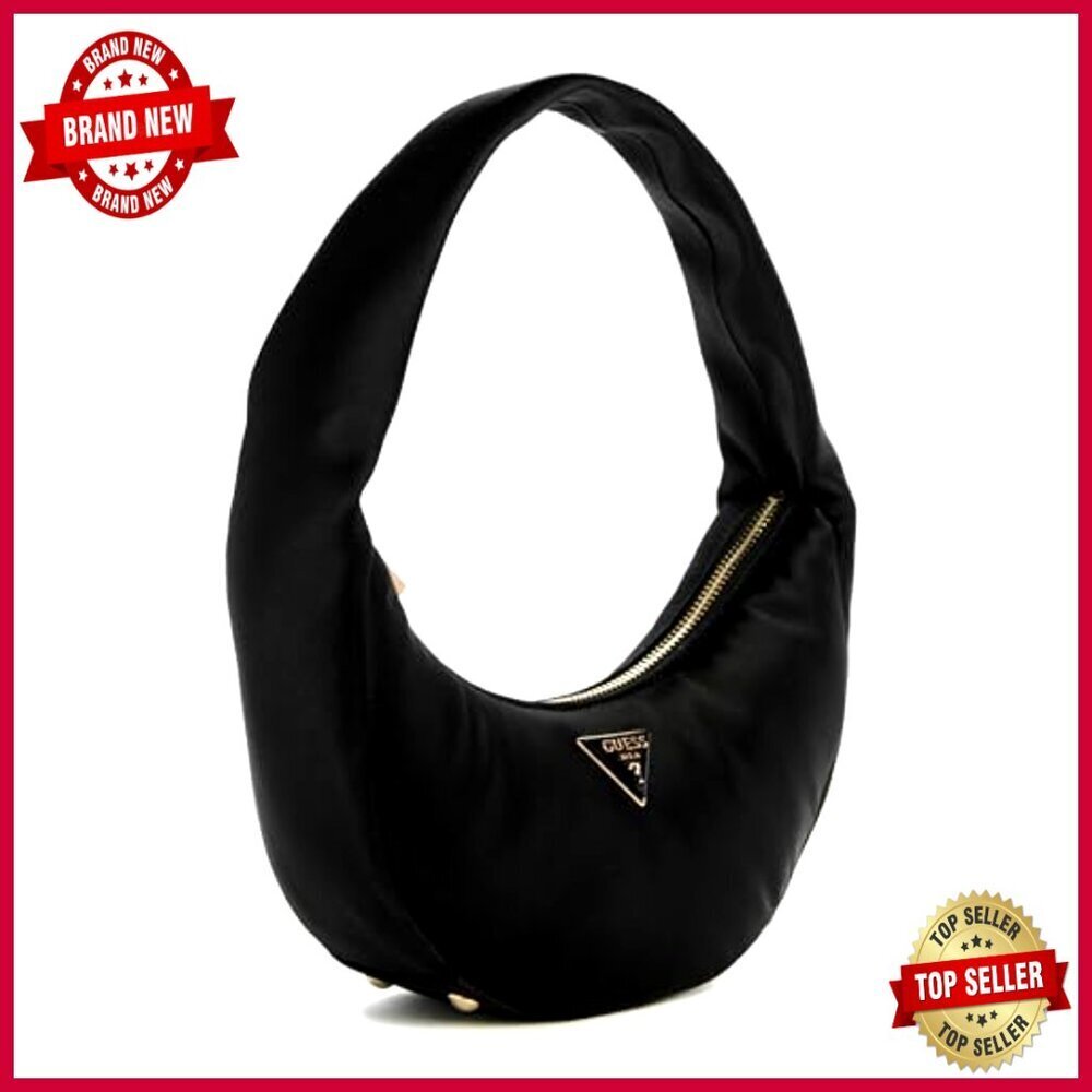 Satin Mini Shoulder Bag with Top Zip and Gold Hardware - Picture 3 of 6